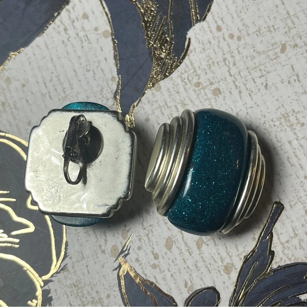 Vintage 80s Silver and Teal Blue Sparkle Enamel Oversized Statement Earrings D2